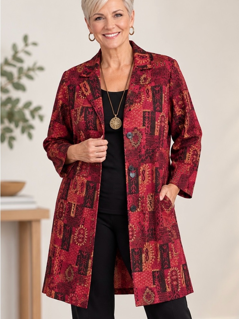 Vintage Chico’s Design Long Jacket Size 2 Red Tribal Patchwork Silk Blend